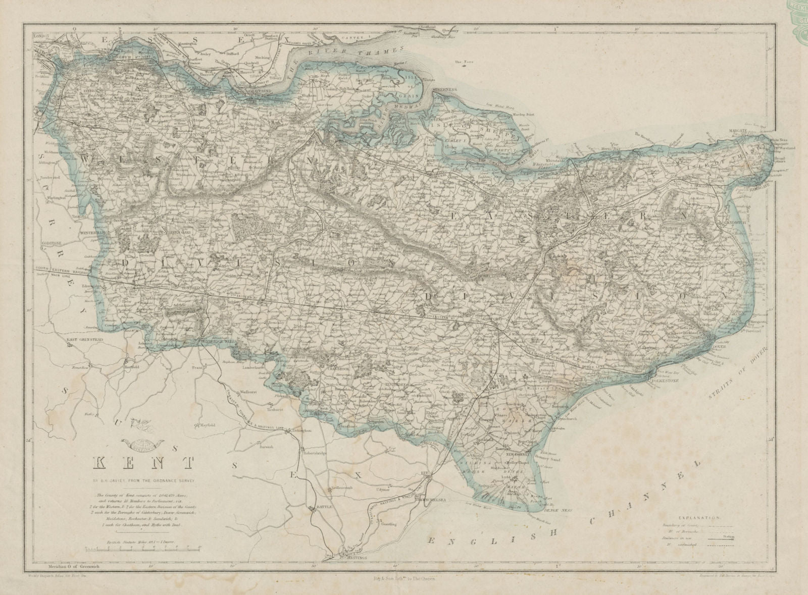 KENT. County map. Downs. Railways in use/under construction. BR DAVIES 1862